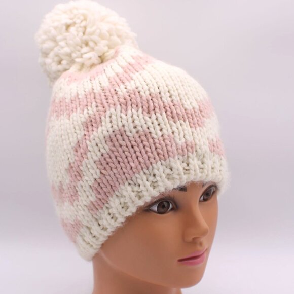 Pink and White Knit Pom Beanie Hat Made In Italy 95% Acrylic 5% Wool Warm & Soft - Picture 6 of 8